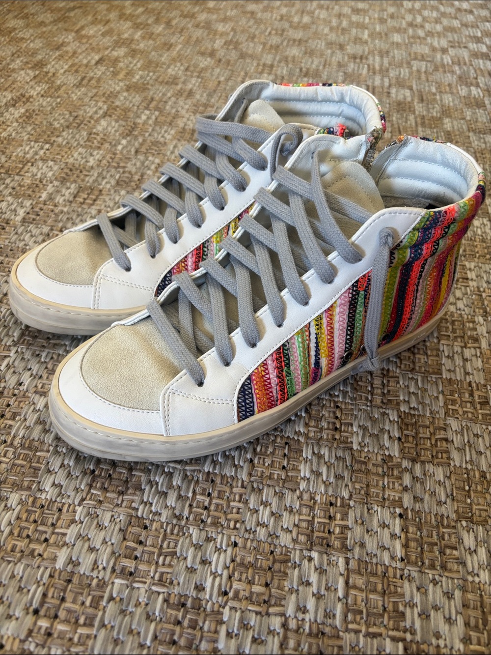P448 White High-Top Sneakers with Multicolor Stripe Accent